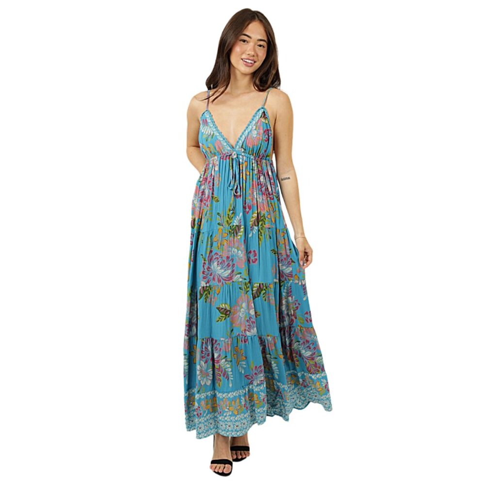 Angie Lagoon Blue Floral Print V Neck Tiered Maxi Dress C4E20-A921